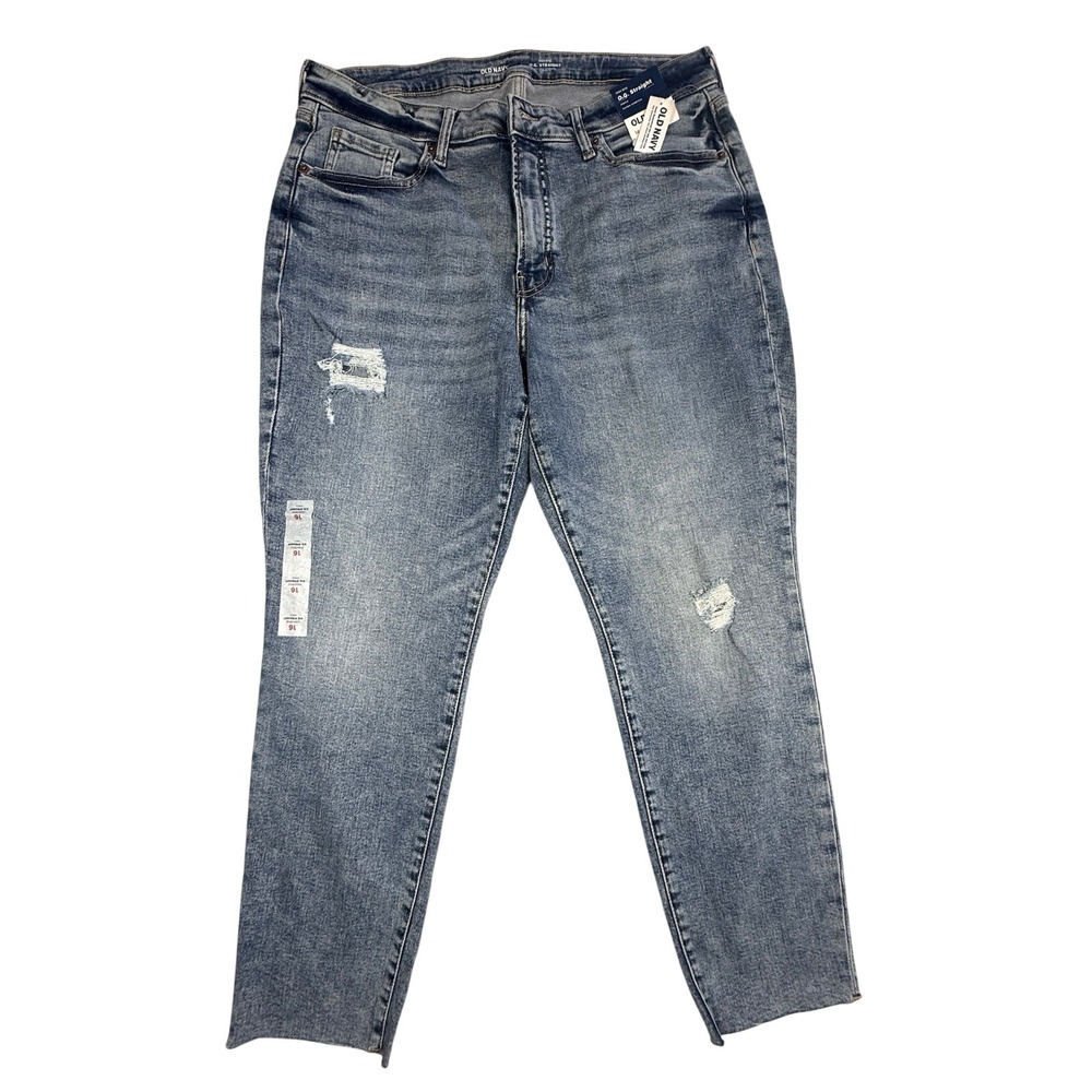 Old Navy OG Straight High Rise Ankle Jeans Women Sz 16 Blue Raw Hem Stretch NWT